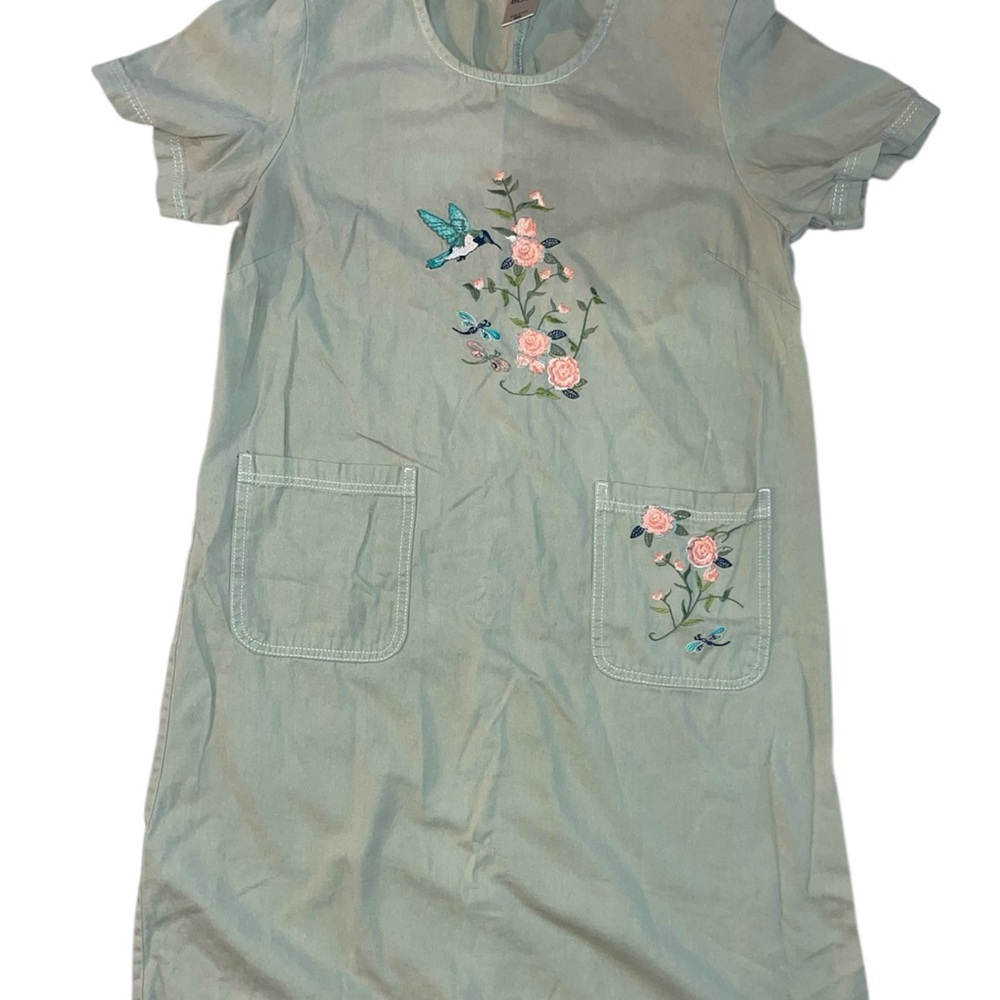 Vintage Blair Green Floral Embroidered Dress with Pockets Small